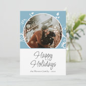 Prettig Kerstfeest Blauwe Blad Familie Foto Feestdagenkaart (Staand voorkant)