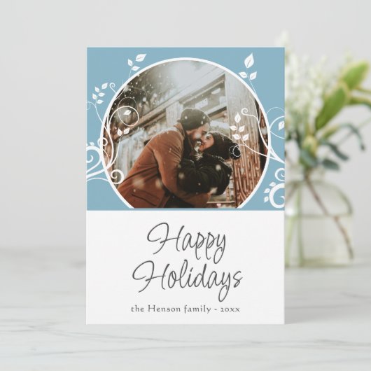 Prettig Kerstfeest Blauwe Blad Familie Foto Feestdagenkaart (Staand voorkant)