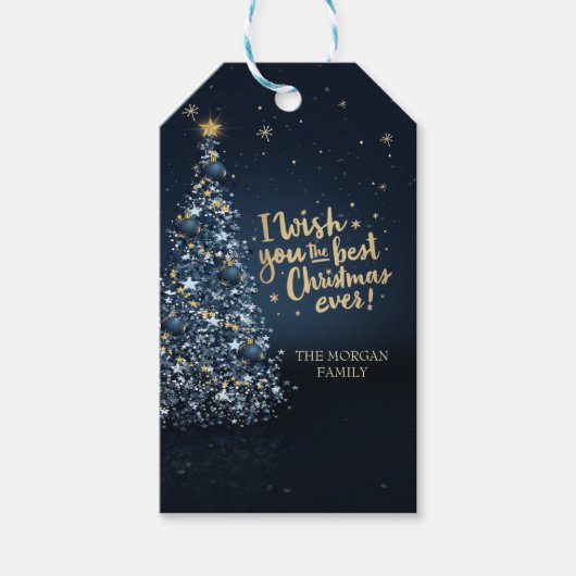 Prettig Kerstfeest, Blauwe Pijnboom Cadeaulabel (Voorkant)