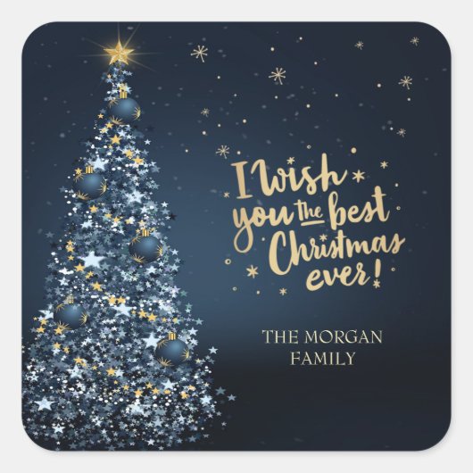 Prettig Kerstfeest, Blauwe Pijnboom Vierkante Sticker (Voorkant)
