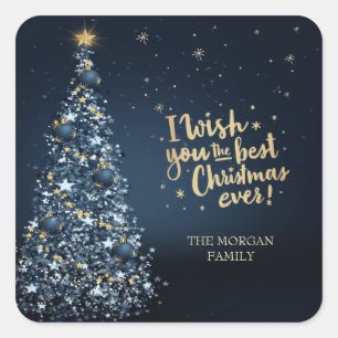Prettig Kerstfeest, Blauwe Pijnboom Vierkante Sticker