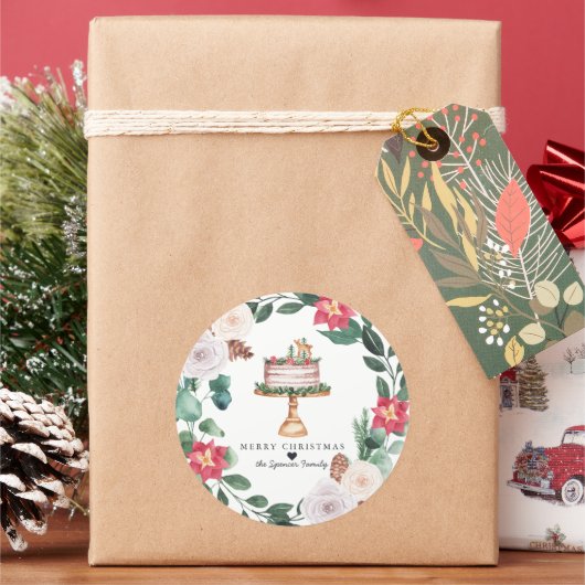 Prettig kerstfeest | Bloemenslinger kersttaart Ronde Sticker (Feestdagen)
