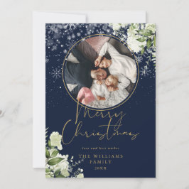 Prettig kerstfeest bloemensneeuw goud en blauw fot feestdagenkaart
