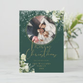 Prettig kerstfeest bloemensneeuw goud en groen fot feestdagenkaart (Staand voorkant)