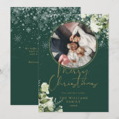 Prettig kerstfeest bloemensneeuw goud en groen fot feestdagenkaart (Voorkant / Achterkant)