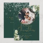 Prettig kerstfeest bloemensneeuw goud en groene fo feestdagenkaart (Voorkant / Achterkant)