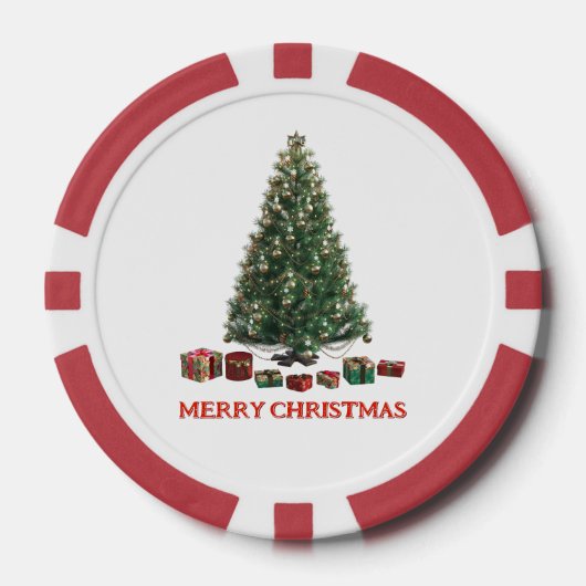 Prettig kerstfeest. Boom (ontwerp 1) met cadeaus Poker Chips (Voorkant)