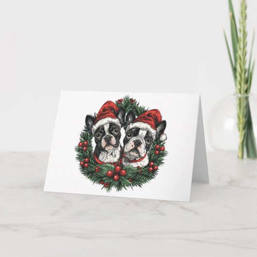 Prettig Kerstfeest Boston Terrier Honden Kerstkran Feestdagen Kaart (Voorkant)