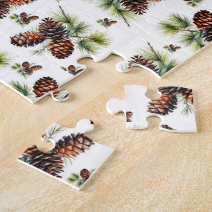 Prettig kerstfeest bruine dennenappels groen blad legpuzzel