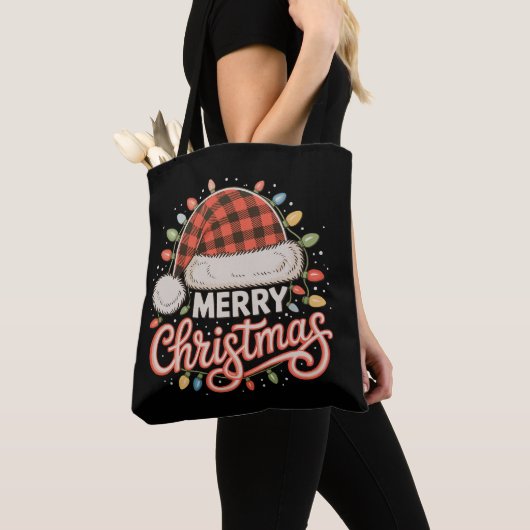 Prettig kerstfeest Buffalo rode geruite kerstman h Tote Bag (Dichtbij)