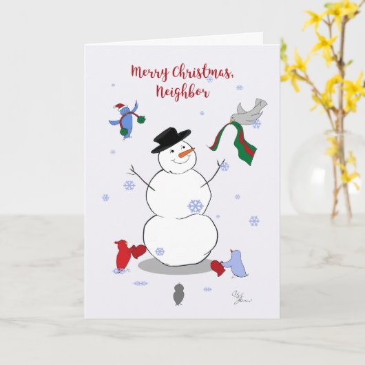 Prettig kerstfeest, Buurman, Sneeuwman, Vogels, Ca Kaart (Gele Bloem)
