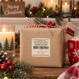 Prettig kerstfeest cadeau in krantenstijl vierkante sticker