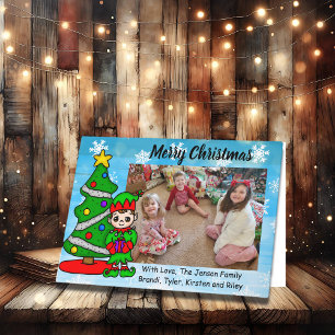 Prettig kerstfeest, Cartoon Elf, Vakantiefoto Kaart