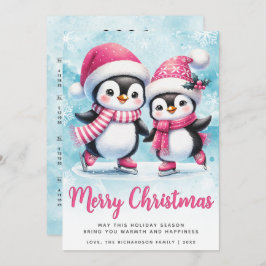 Prettig Kerstfeest Cute Pinguïn IJsschaatsers Blau Feestdagenkaart