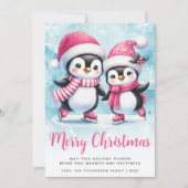 Prettig kerstfeest Cute pinguïn schaatsers Roze Feestdagenkaart (Voorkant)