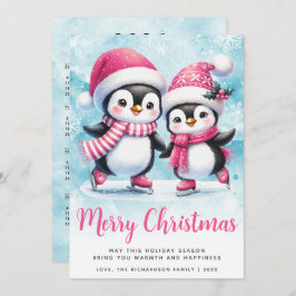 Prettig kerstfeest Cute pinguïn schaatsers Roze Feestdagenkaart