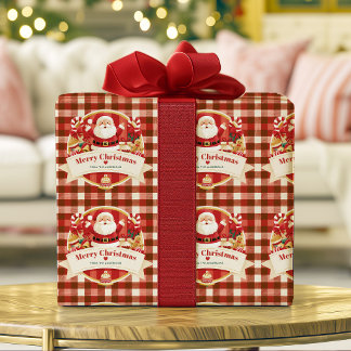 Prettig kerstfeest Cute Santa Rode ruit Personaliz Cadeaupapier