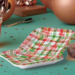 Prettig kerstfeest decoratieve geruite tartan papieren bordje