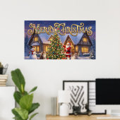 Prettig kerstfeest decoratieve kunst met Kerstman  Poster (Thuiskantoor)