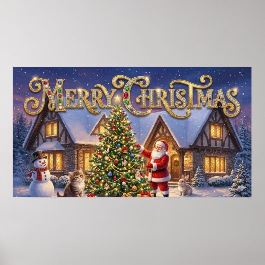 Prettig kerstfeest decoratieve kunst met Kerstman  Poster (Voorkant)