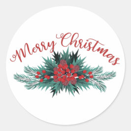 Prettig kerstfeest Dennentak Hulstbes Poinsettia Ronde Sticker