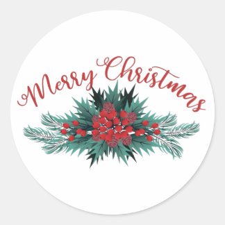 Prettig kerstfeest Dennentak Hulstbes Poinsettia Ronde Sticker
