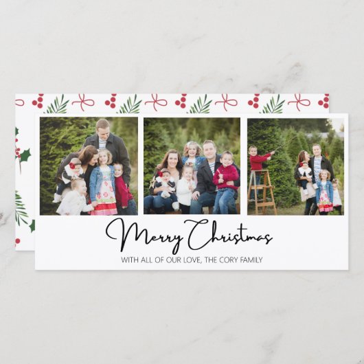 Prettig kerstfeest Drie afbeeldingen platte kerstk Feestdagenkaart (Voorkant / Achterkant)