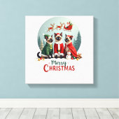 Prettig kerstfeest Drie Kerstman Elf Rendier Siame Canvas Afdruk (Insitu (Houten vloer))