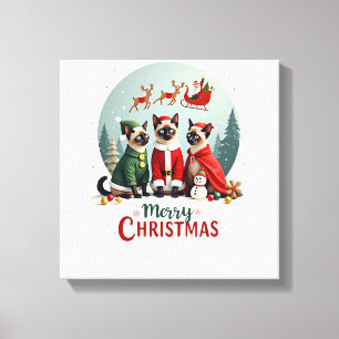 Prettig kerstfeest Drie Kerstman Elf Rendier Siame Canvas Afdruk