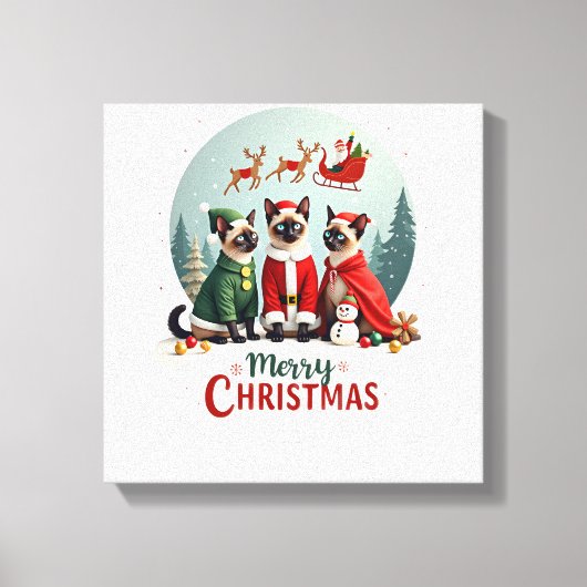 Prettig kerstfeest Drie Kerstman Elf Rendier Siame Canvas Afdruk (Voorkant)