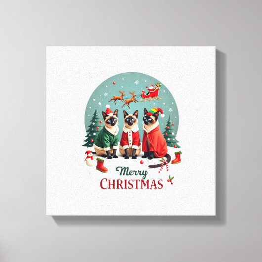 Prettig kerstfeest Drie Kerstman Elf Rendier Siame Canvas Afdruk (Voorkant)