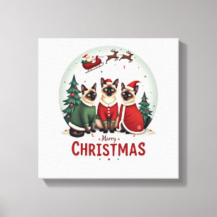 Prettig kerstfeest Drie Kerstman Elf Rendier Siame Canvas Afdruk