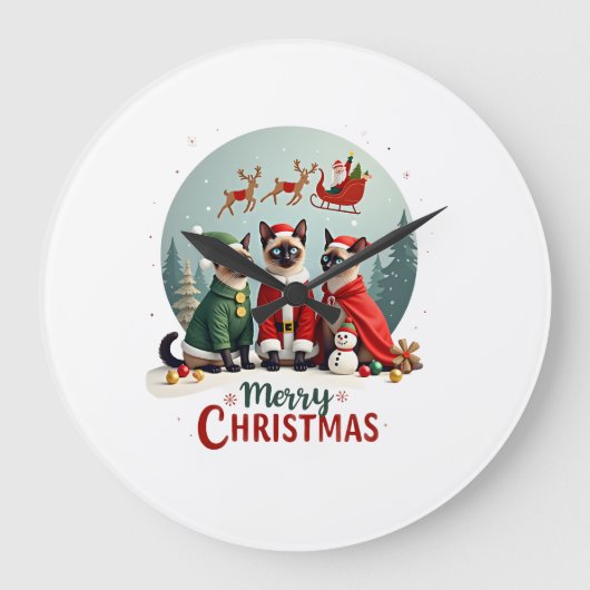 Prettig kerstfeest Drie Kerstman Elf Rendier Siame Grote Klok (Voorkant)
