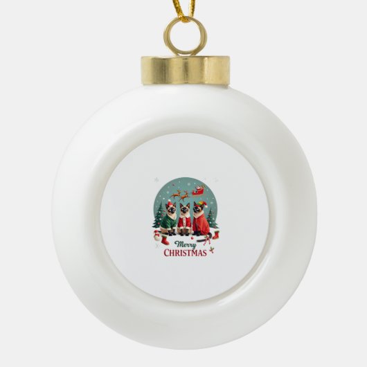 Prettig kerstfeest Drie Kerstman Elf Rendier Siame Keramische Bal Ornament (Voorkant)
