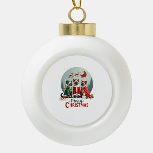 Prettig kerstfeest Drie Kerstman Elf Rendier Siame Keramische Bal Ornament (Voorkant)