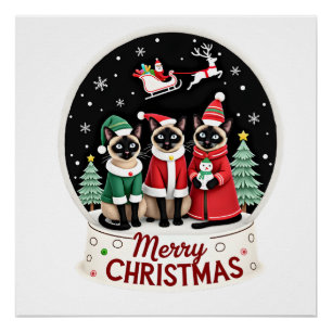 Prettig kerstfeest Drie Kerstman Elf Rendier Siame Perfect Poster
