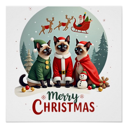Prettig kerstfeest Drie Kerstman Elf Rendier Siame Perfect Poster (Voorkant)