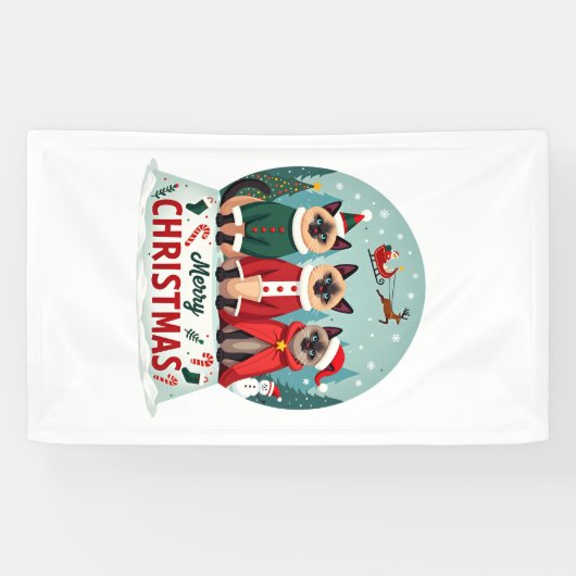 Prettig kerstfeest Drie Kerstman Elf Rendier Siame Spandoek (Horizontaal)