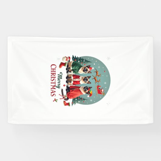 Prettig kerstfeest Drie Kerstman Elf Rendier Siame Spandoek (Horizontaal)