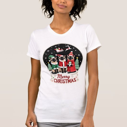 Prettig kerstfeest Drie Kerstman Elf Rendier Siame T-shirt (Voorkant)