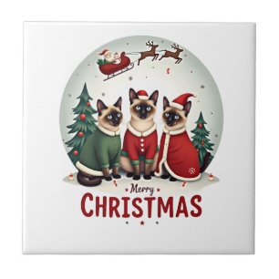 Prettig kerstfeest Drie Kerstman Elf Rendier Siame Tegeltje