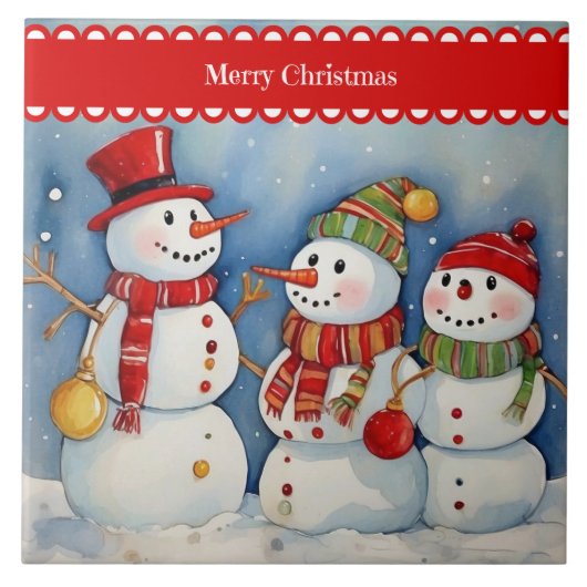 Prettig kerstfeest, Drie Kleurrijke Sneeuwmannen, Tegeltje (Voorkant)