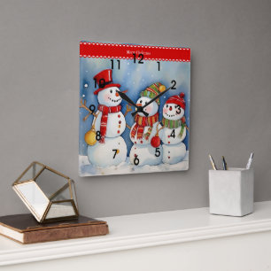 Prettig kerstfeest, Drie Kleurrijke Sneeuwmannen, Vierkante Klok