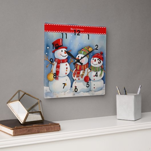 Prettig kerstfeest, Drie Kleurrijke Sneeuwmannen, Vierkante Klok (Kantoor)