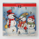 Prettig kerstfeest, Drie Kleurrijke Sneeuwmannen, Vierkante Klok (Voorkant)