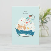 Prettig kerstfeest, een katten bubbelbad bedankkaart (Staand voorkant)