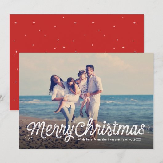 Prettig kerstfeest eenvoudige retro script één fot feestdagenkaart (Voorkant / Achterkant)