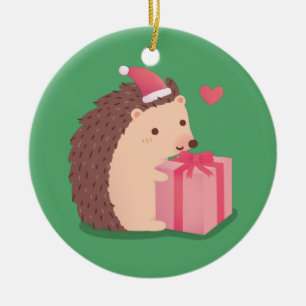 Prettig kerstfeest egel met cadeau keramisch ornament