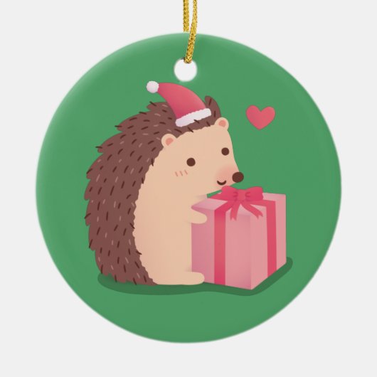 Prettig kerstfeest egel met cadeau keramisch ornament (Voorkant)