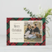 Prettig kerstfeest Elegante groene rode ruit foto Feestdagenkaart (Staand voorkant)